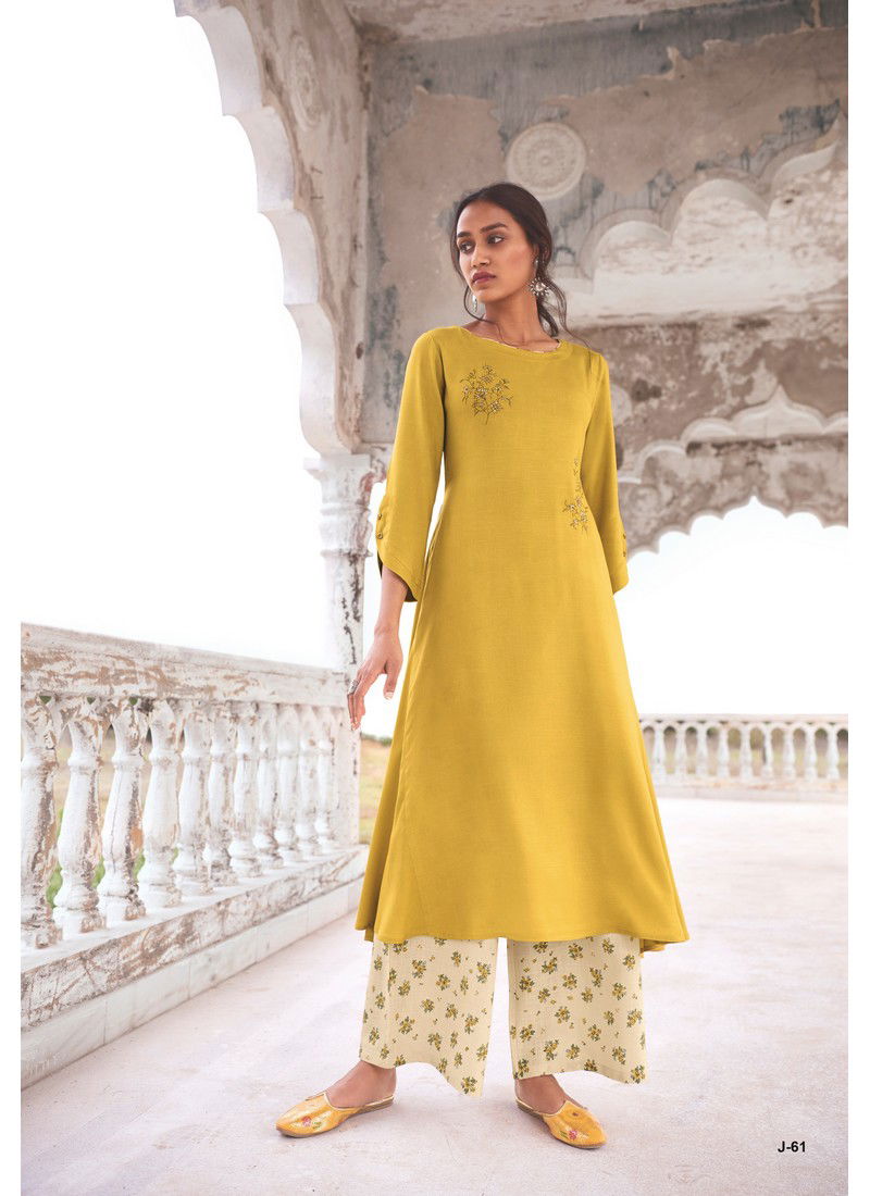 Yellow Colour Jansi Modal Khadi Long Dress With Embroidery Kurti With Bottom J-61